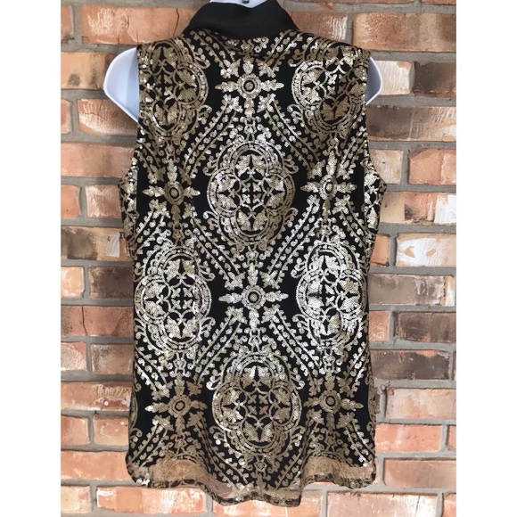 Eva Mendes Women’s Black & Gold Sequin Sleeveless Top Bow Detail Size Medium - Picture 5 of 5